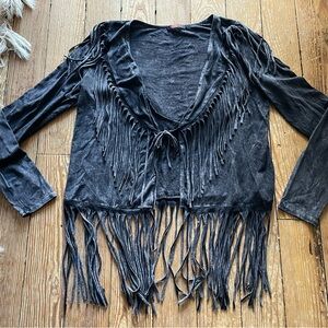 T Party Black Fringe Long Sleeve Top size s